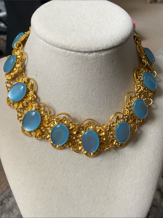 Jewelry - Matte Gold Blue Cabochon Statement Necklace with Faux Pearls
